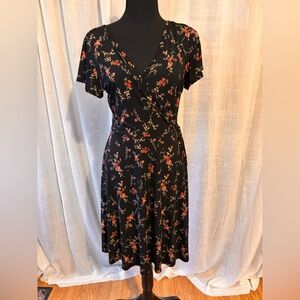 Kaileigh Black Floral Wrap Midi Dress with Red Accent